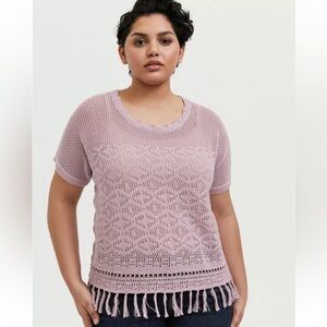 Torrid Open Knit Sweater Womens Size 6 Pink Fringe Hem Short Sleeve Pullover